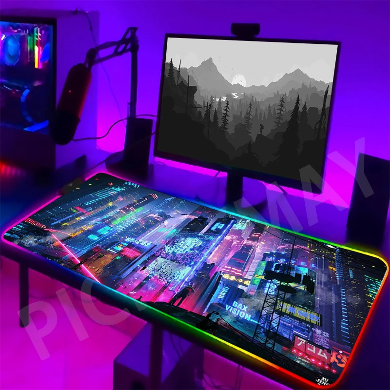 Cyberpunk Large RGB Mouse Mat Neon Gamer Mousepads LED Gaming Mousepad Big Luminous Desk Pad Desk - Cyberpunk 2077 Merch