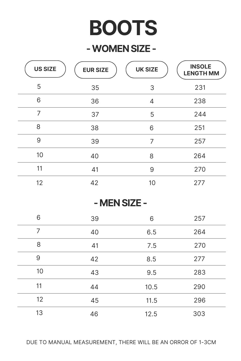 Boots Size Chart 1 - Cyberpunk 2077 Merch