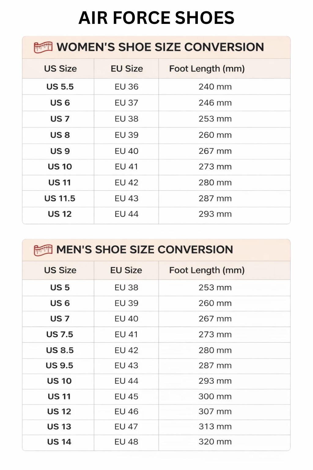 Air Force Shoes Size Chart - Cyberpunk 2077 Merch