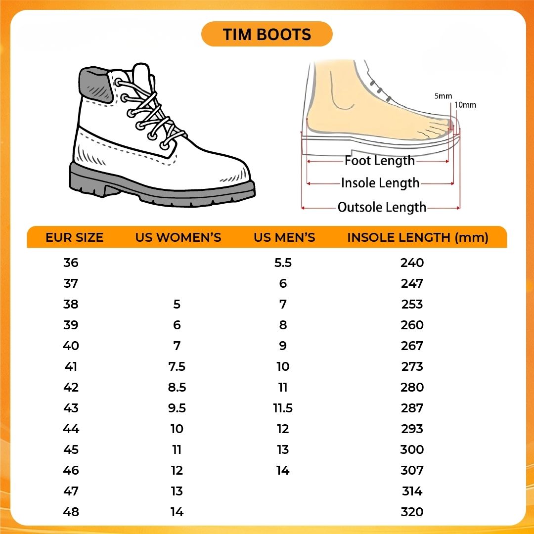 Tim Boots V1 Size Chart - Cyberpunk 2077 Merch